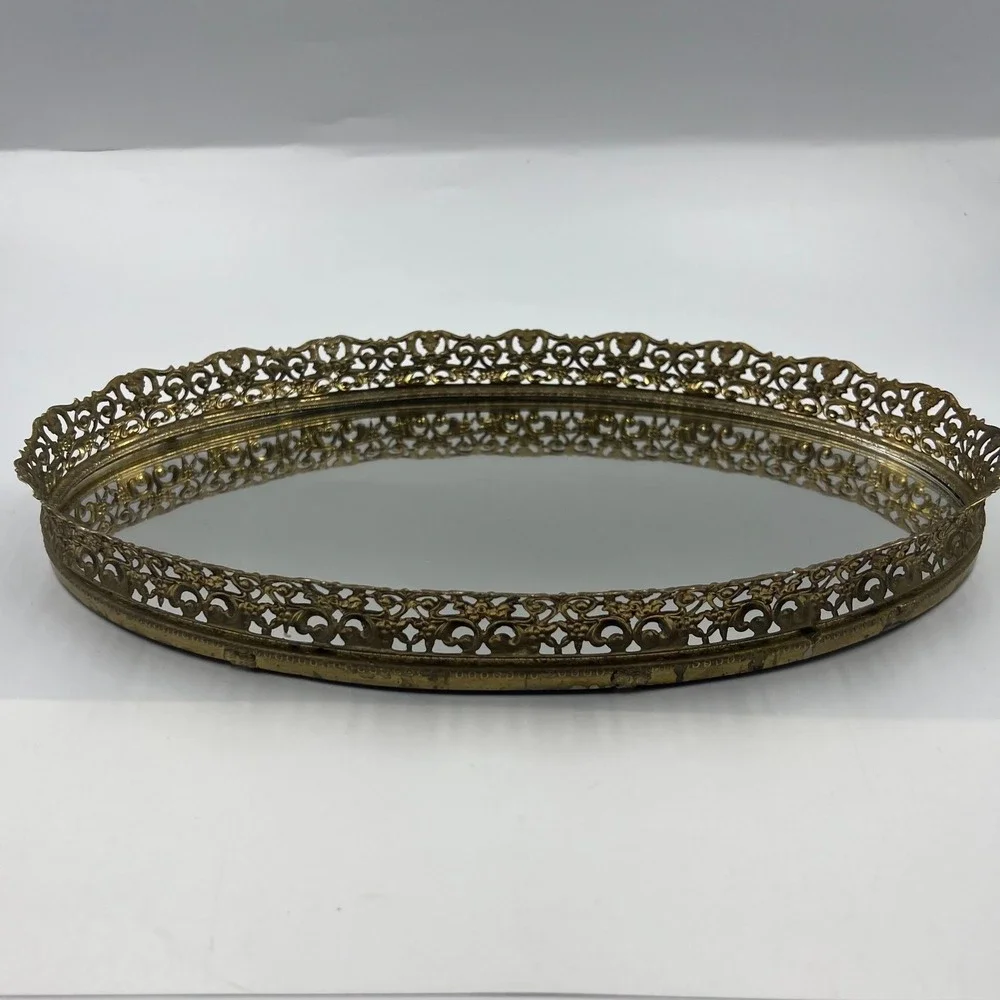 Vintage Oval Mirrored Vanity Tray Gold Tone Ornate Filigree Frame 14 Inch Mirror